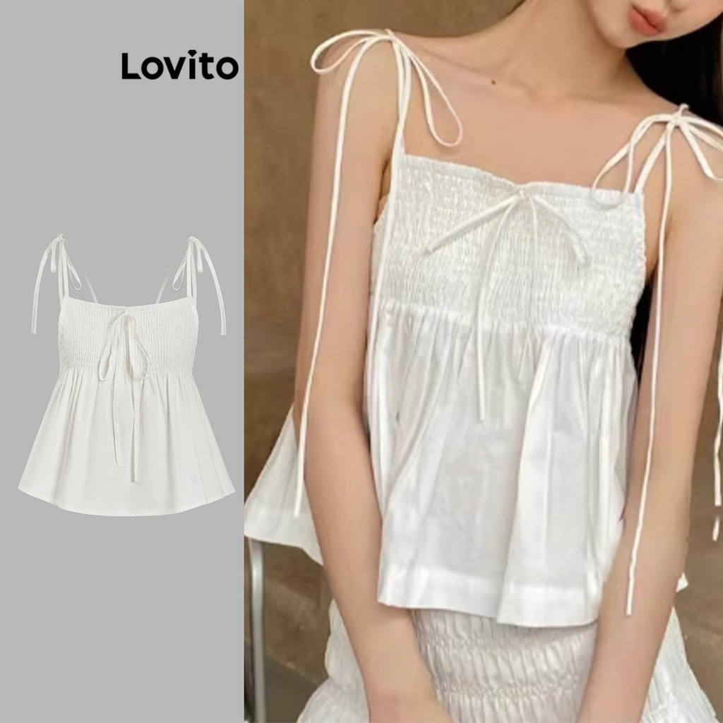 Lovito เสื้อกล้ามลําลองเสื้อกล้ามสม็อคสีพื้นสําหรับผู้หญิง L99ED323