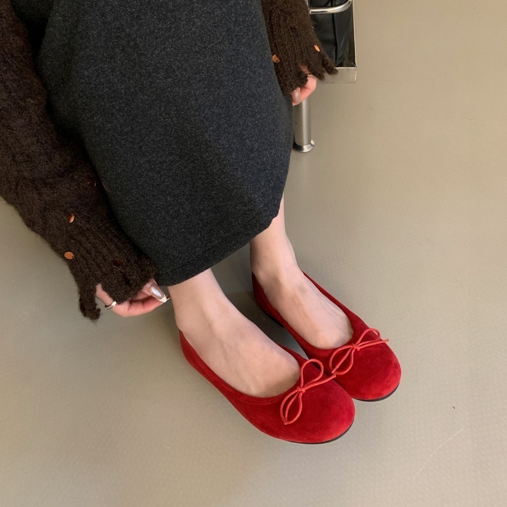 รองเท้าแมรี่เจนแฟชั่นสำหรับผู้หญิง พื้นแบน หัวรองเท้าทรงกลม วัสดุหนังกลับ สวมใส่สบาย เหมาะสำหรับใส่ไปทำงาน - รูปที่ 5