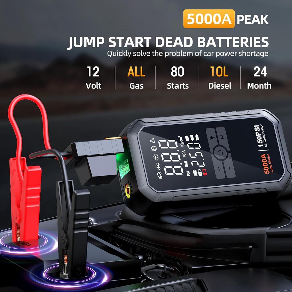 10-in-1 Jump Starter with Air Compressor 5000A 26800mAh 150PSI Portable Car Battery Jump Starter (Al