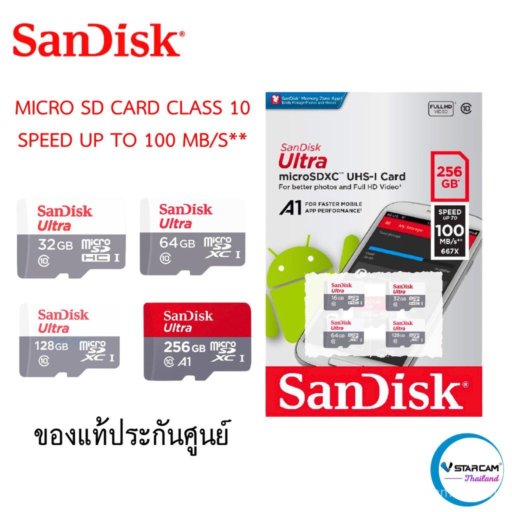 Sandisk/KINGSTON MicroSD Ultra Class 10 80-120MB SD 32-256GB ของแท้รับประกัน 5ปี By.Vstarcam-Thailan
