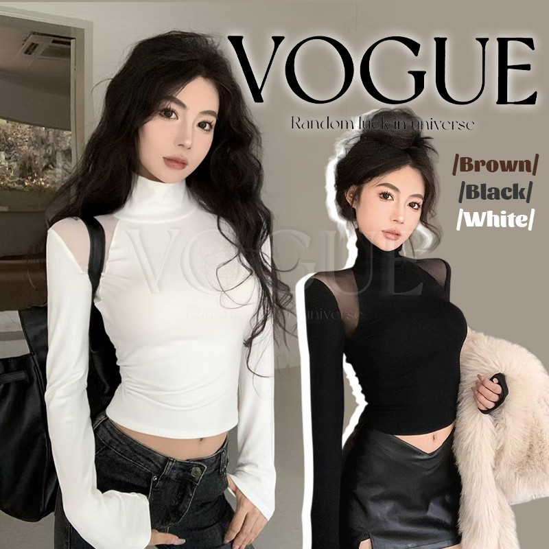 Vogue🌟พร้อมส่ง🌟 เสื้อแขนยาว ยืดพอดีตัว สีพื้น ดีเทลแต่งตาข่ายหัวไหล่ (FY8730)