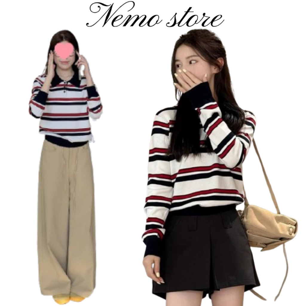 Nemo store🌸#J56-1 เสื้อไหมพรมแขนยาว คอปก ดีเทลลายทางสไตล์เกาหลี