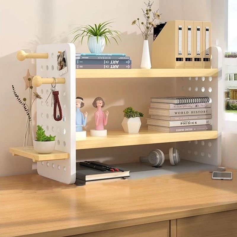 ชั้นวางของบนโต๊ะ pegboard เก็บชั้นหนังสือไว้บนโต๊ะ ชั้นเก็บของเดสก์ท็อป สีขาว/สีไม้ ที่เก็บข้อมูลเดสก์ท็อป สไตล์มินิมอ
