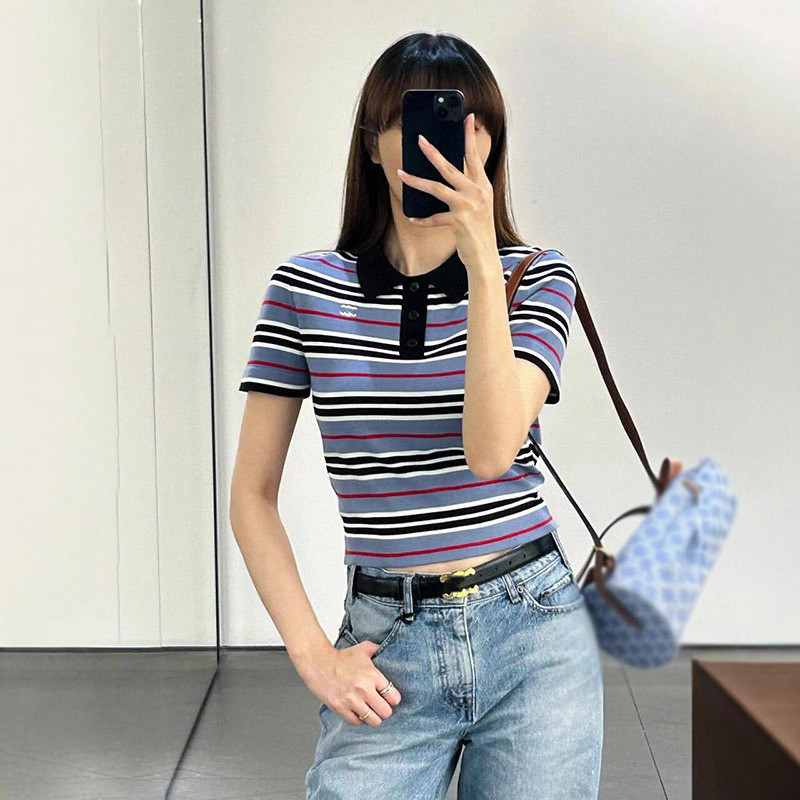 QV0E CE##E Color-Block Striped Turn-Down Collar Short Sleeve Knitted Slim Fit Short Top polo Women's