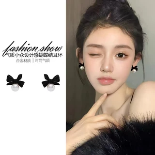 ต่างหูโบว์ไข่มุก เพทายสีดำ สไตล์หรูและซับซ้อน