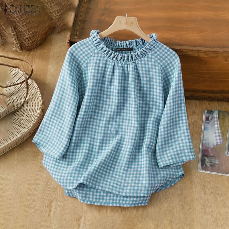 ZANZEA ซานเซีย เสื้อลายสก๊อตแขนยาวแบบหลวม ดีไซน์เกาหลี กระหันคอด้านชัดเจน สำหรับผู้หญิง - รูปที่ 4