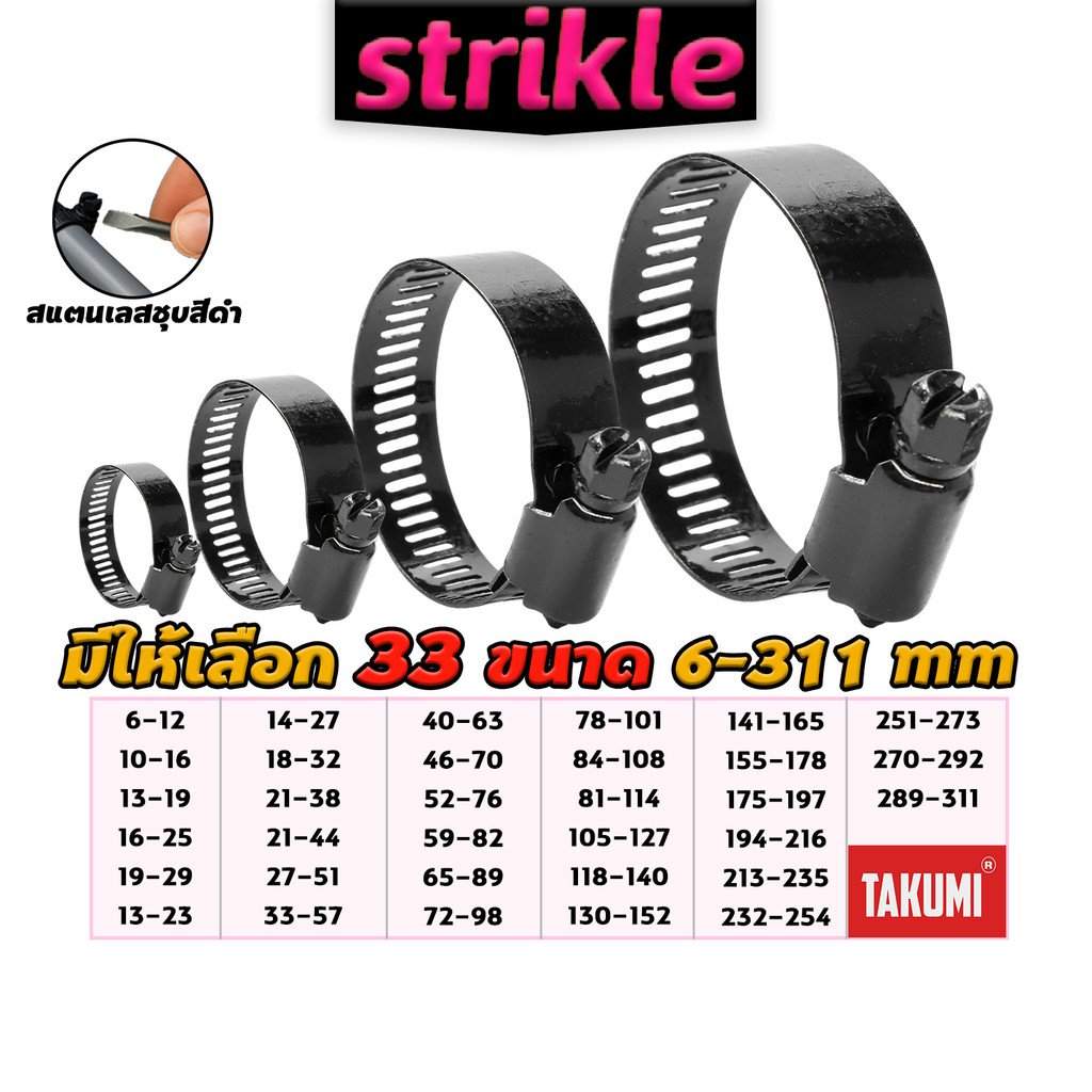 TAJIMA เข็มขัดรัดสายยาง สีดำ สแตนเลส ขนาด 6–311 มม. แข็งแรง ทนสนิม รัดแน่น ใช้ได้กับท่อ PVC