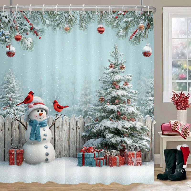 Snowman Christmas Tree Shower Curtain Merry Christmas Gift Polyester Fabric Home Shower Curtain Bath