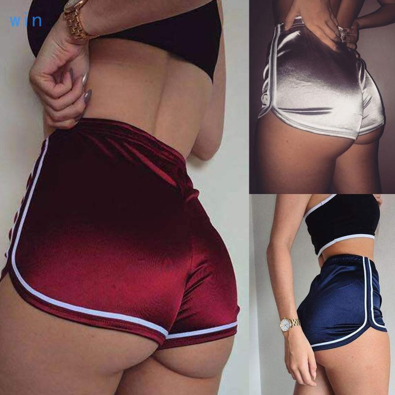 Women  Waist Yoga Satin  Booty Shorts Dolphin Hem Striped Mini Hot Pants