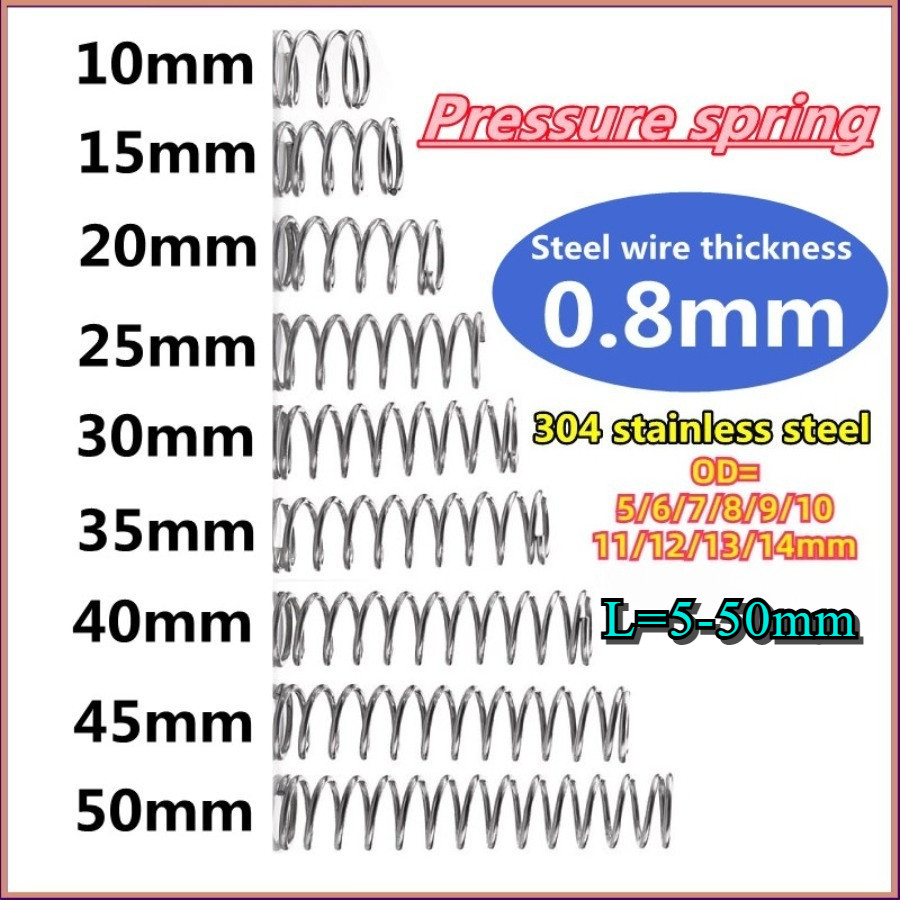 สปริงกด สปริงดันทั่วไป สปริงขนาดเล็กความหนาของลวด d0.8mm ความยาว 5-50mm OD5-14mm สเตนเลส 304 [N2BL]