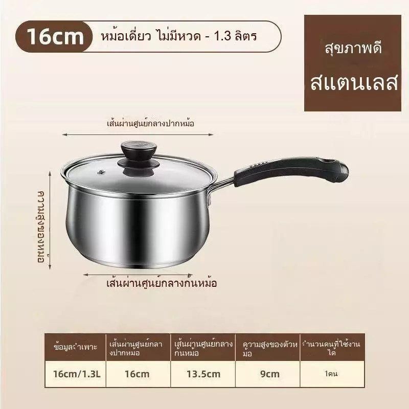 [ชุด 3 ชิ้น ขนาด 16+18+20 ซม.] หม้อสแตนเลสสำหรับต้มนม ทำซุป ต้มบะหมี่ และอาหารเสริม thumbnail 7