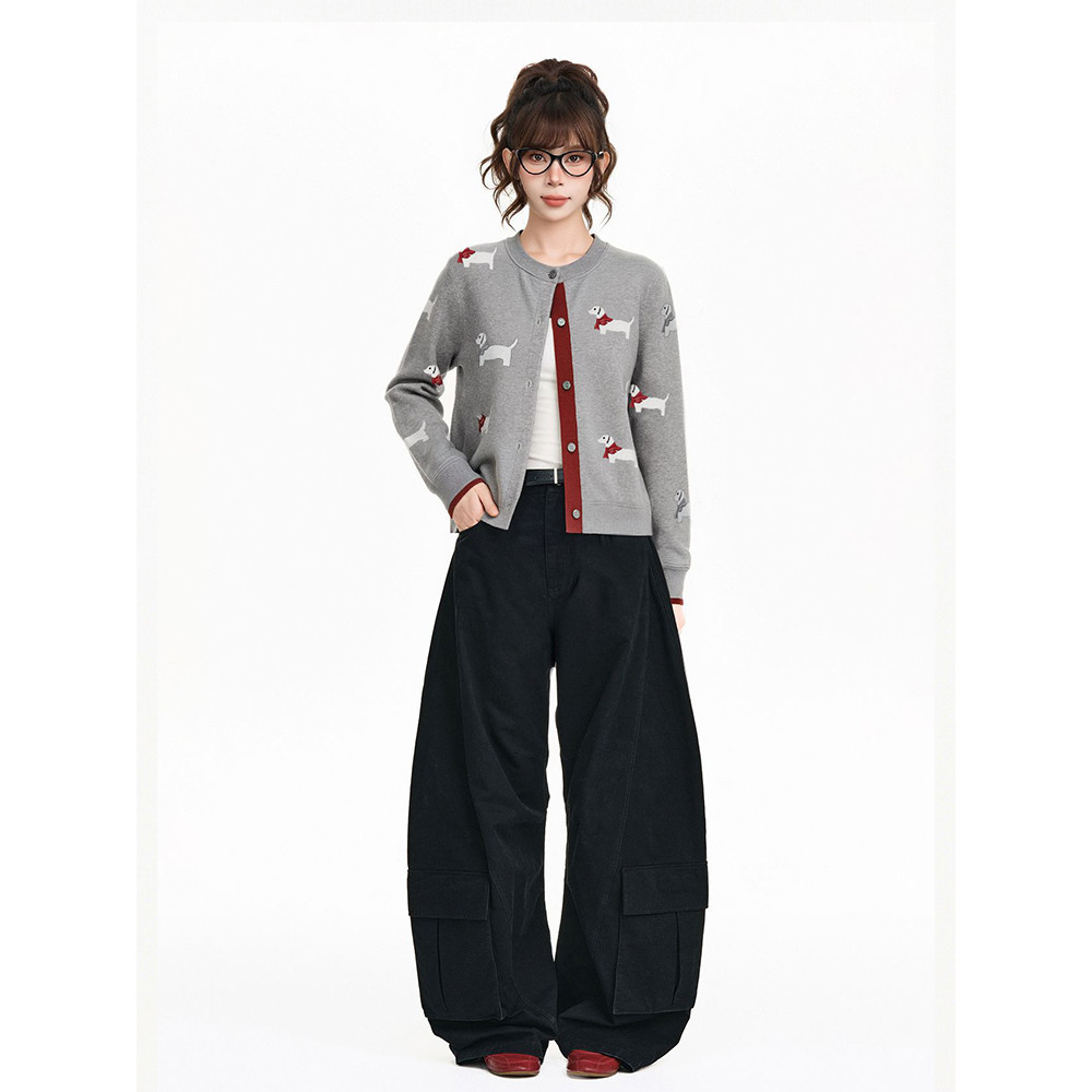 Vogue🌟พร้อมส่ง🌟 เสื้อคลุมไหมพรมแขนยาว คอกลม ดีเทลลายน้องหมาสีเทาดำ (BK57) - รูปที่ 2