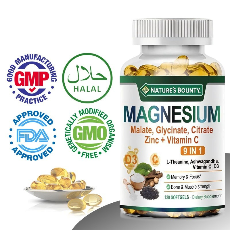 NATURE'S BOUNTY Magnesium Malate, Glycinate,Softgels ปรับปรุงคุณภาพการนอนหลับและบรรเทาความตึงเครียดท