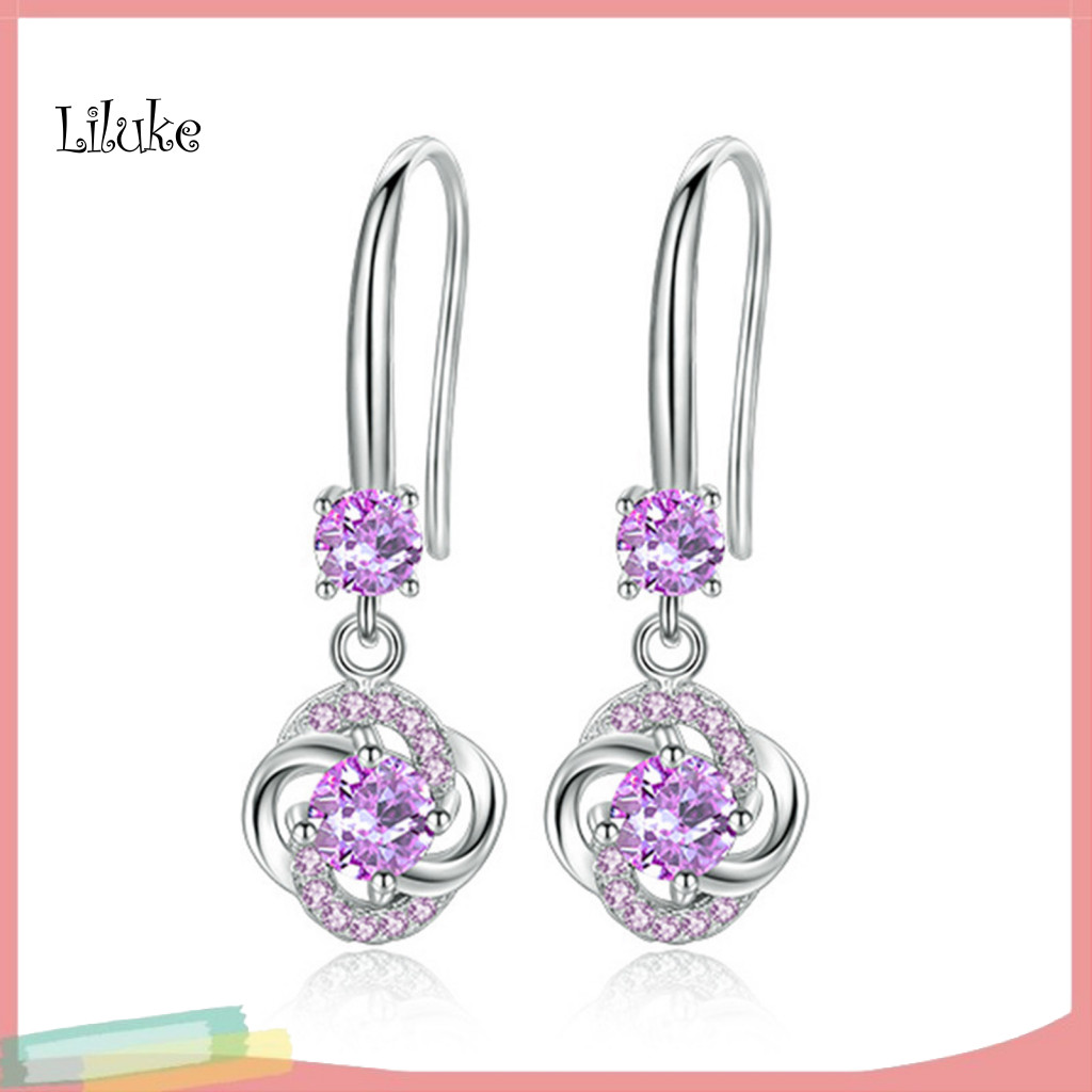 LK ผู้หญิง Rhinestone Cubic Zirconia พู่ Four-leaf Clover Hook ต่างหูเครื่องประดับ