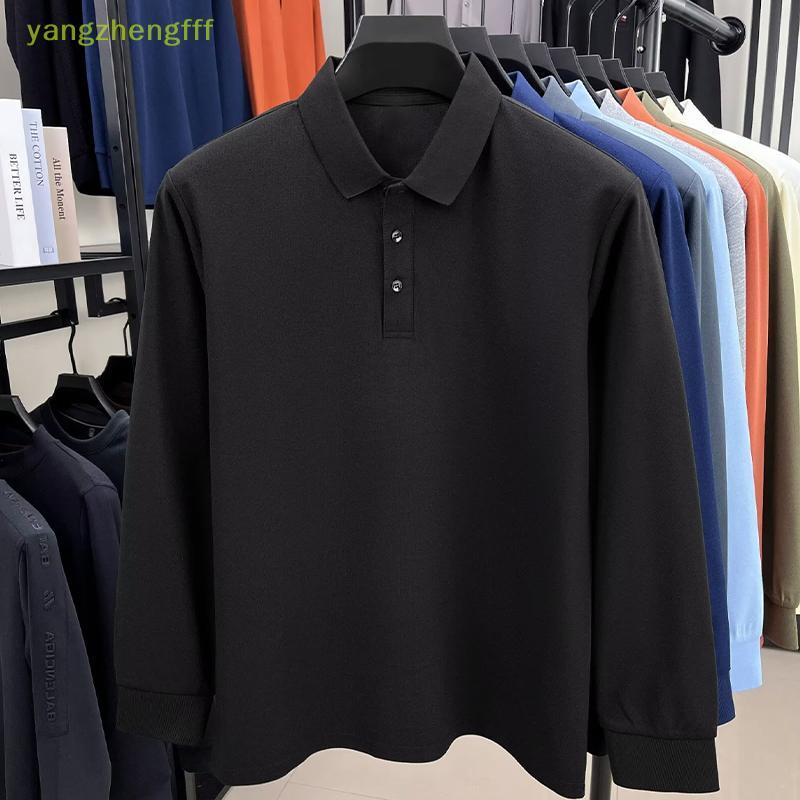 [หยางเจิ้งfff] 2025 ฤดูใบไม้ร่วงใหม่เสื้อคอปกผู้ชายสีดําและสีขาวอเนกประสงค์หลวมพอดีเสื้อยืดแขนยาว [ใ