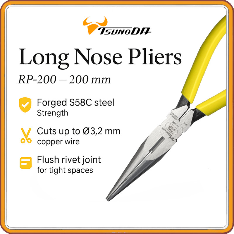 KING TTC Long Nose Pliers 200 mm | Forged S58C Steel, Flush Rivet Precision Wire Cutters, Made in Ja