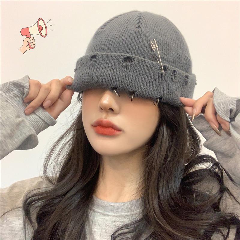 [MZ] ฤดูหนาว Harajuku Y2k Beanies หมวกถักผู้หญิงแฟชั่น Warm หนา Flanging แหวนโลหะหมวกสั้น Unisex Bas