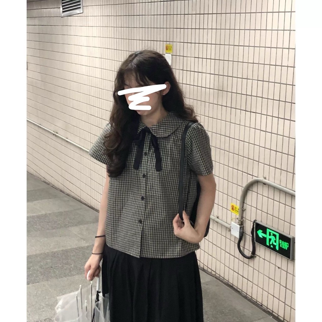 สไตล์ญี่ปุ่น Preppy สไตล์ Bowknot ลายสก๊อตเสื้อคอปกตุ๊กตาหญิงขนาดเล็ก All-Match Top 118PTS