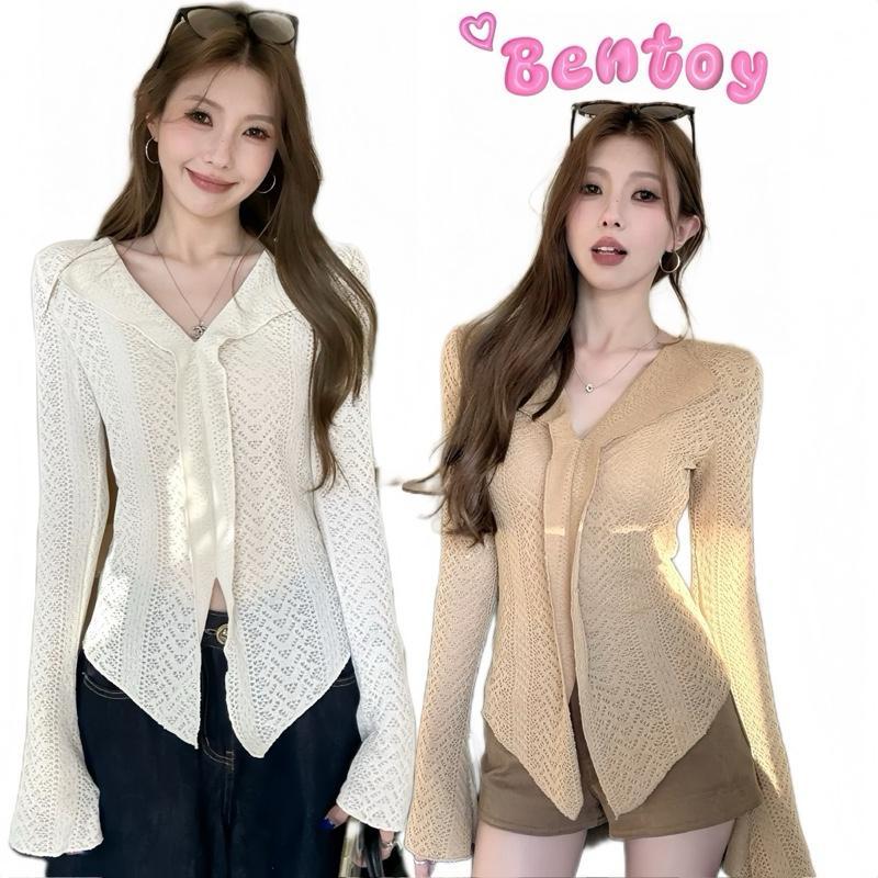 Bentoy พร้อมส่ง เสื้อแขนยาวคอวี ดีเทลแขนกระดิ่ง ผ้าไหมพรมถัก สไตล์เรียบหรูดูแพง 8K202