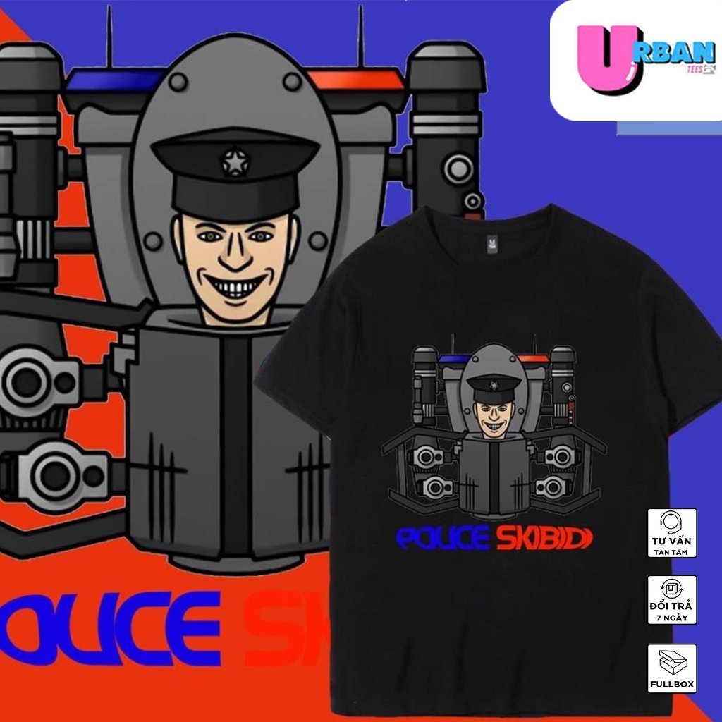 รุ่นเสื้อยืดที่มีภาพอัพเกรด Police Skibidi Toilet Monster Upgrade Skibidi Toilet สําหรับเด็ก - สีดํา