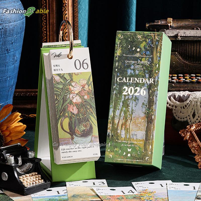Fashion.shop03 2026 ปฏิทินตั้งโต๊ะ Vintage ภาพวาดสีน้ํามันคําคมสร้างแรงบันดาลใจ One-Way Page Turn Da