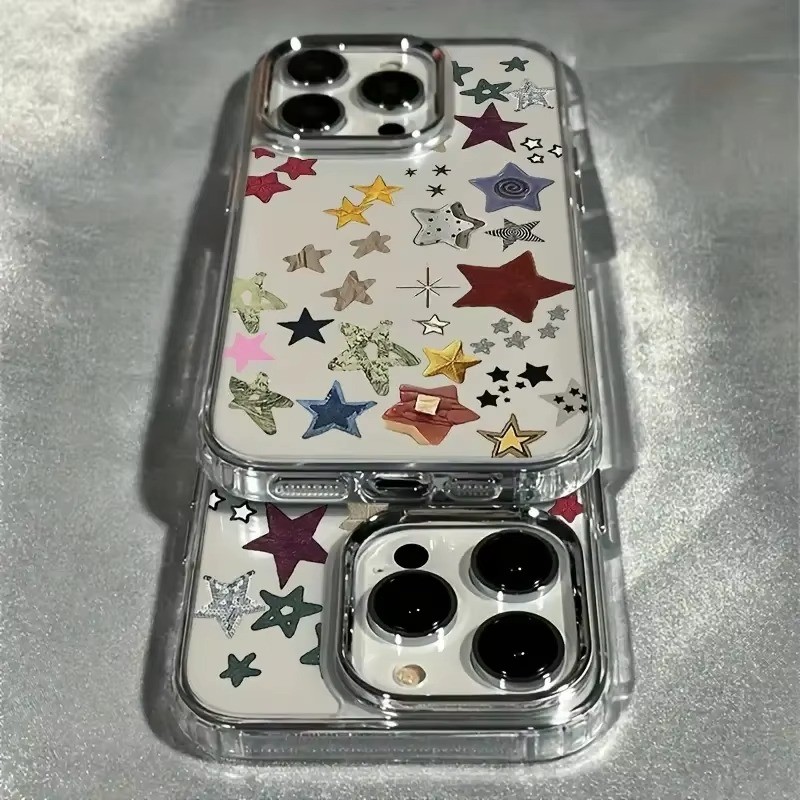 ดาวที่มีสีสันเลนส์Electroplatedกรอบใสเคสโทรศัพท์สําหรับiPhone 17 Air 16 Pro Max 15 14 13 12 11 XR X XS 7 8 Plus SE2 ฝาครอบกันกระแทก