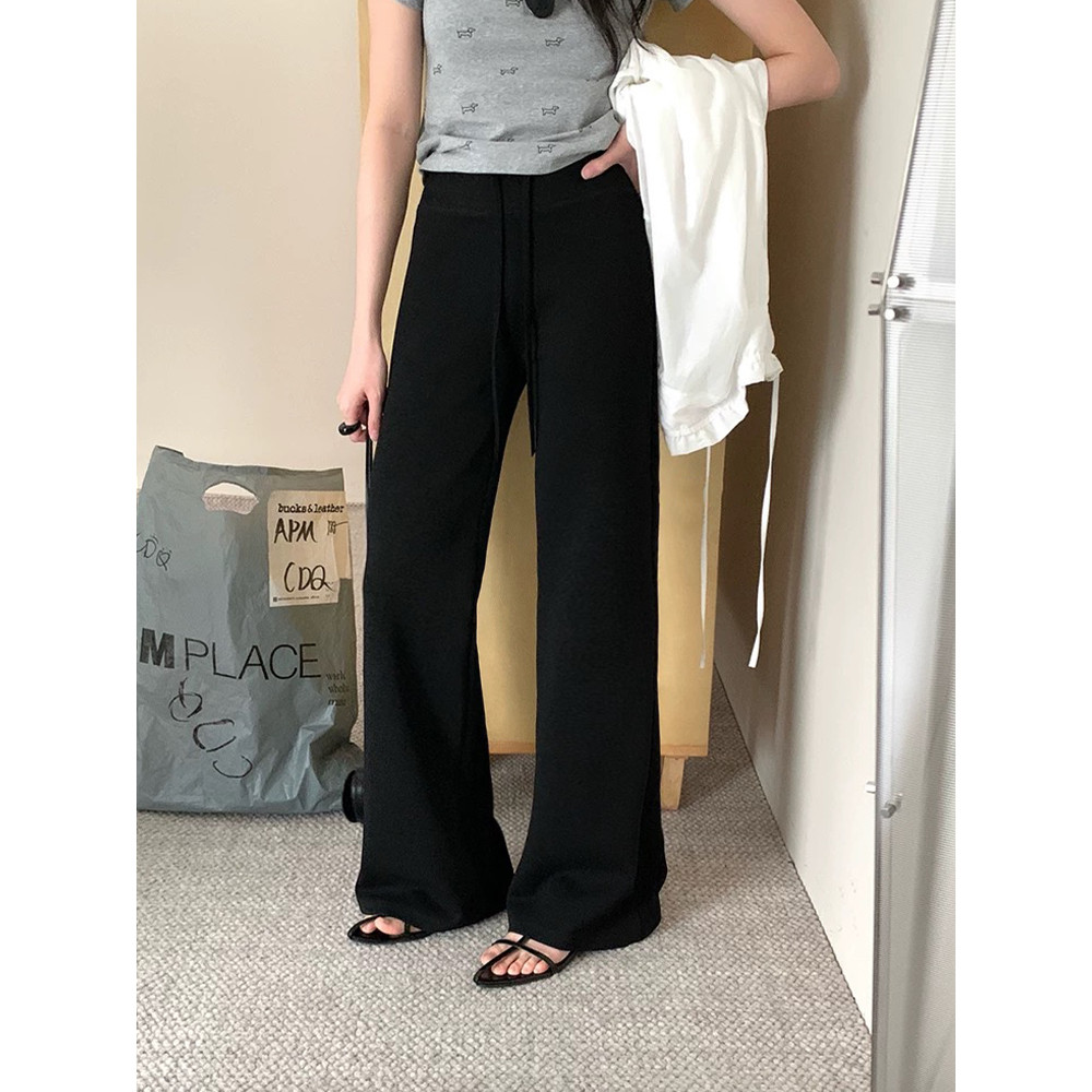 <Moss Queen> กางเกงขายาวสีดำ ทรง.slim น้ำหนักเบา ดีไซน์ลำลอง มาพร้อมเชือกรูด