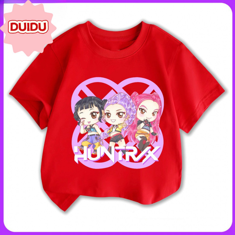 220G 100% ผ้าฝ้ายเสื้อยืดDU Huntrix Kpop Demon Hunters เด็กเสื้อยืดสาวs Unisex รอบคอสําหรับ 3-13 Y เ