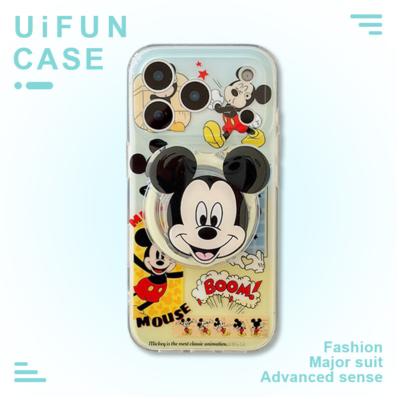 การ์ตูน Mickey Mouse Holder Stand ไร้สายชาร์จโทรศัพท์มือถือสําหรับ iPhone 17 16 15 14 13 12 Pro Max 17Pro กันกระแทก IMD Hard ปลอกปกหลัง