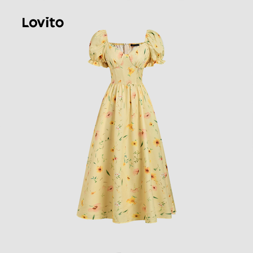 Lovito ชุดเดรสโบฮีลายดอกไม้พลีท สำหรับฤดูใบไม้ผลิ/ฤดูร้อน สีเหลือง สำหรับผู้หญิง L158ED1633 - รูปที่ 2