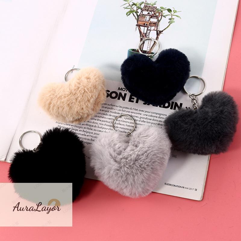 [AuraLayor] พวงกุญแจปอมปอมขนปุย 8 ซม. สําหรับผู้หญิงรูปหัวใจนุ่ม Pompon พวงกุญแจกระต่ายปลอม Ball อุป