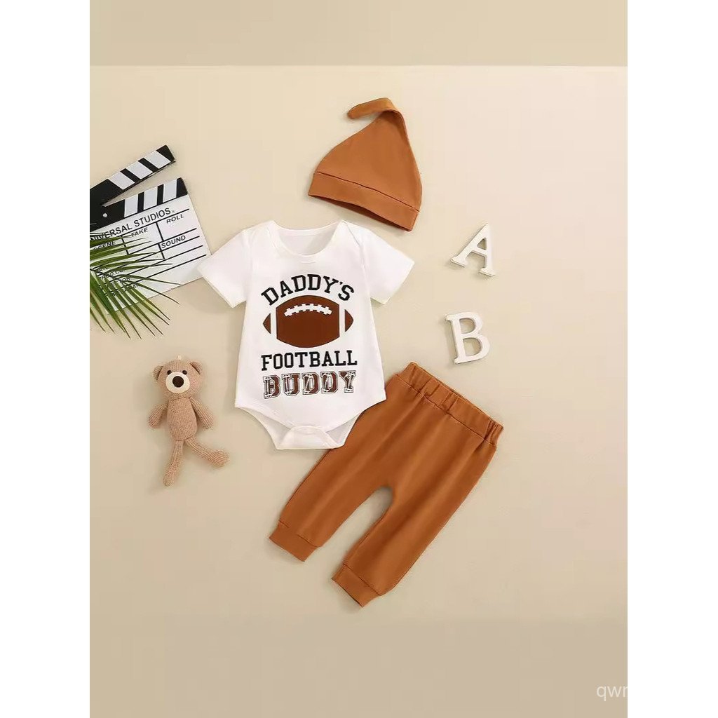 +ชุดสามชิ้น + ตัวอักษร Rugby ผู้ชายผู้หญิง Romper เด็กเด็กวัยหัดเดินน่ารักแฟชั่นกางเกงหมวก Cross-Bor