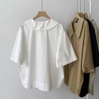 ‌[เสื้อเบลาส์โอเวอร์ไซส์] (40-150kg) เสื้อเบลาส์ผ้าลินิน แขนสั้น ทรงหลวม คอปกตุ๊กตา ผู้หญิง เสื้อฤดูร้อน พลัสไซส์ ธรรมดา