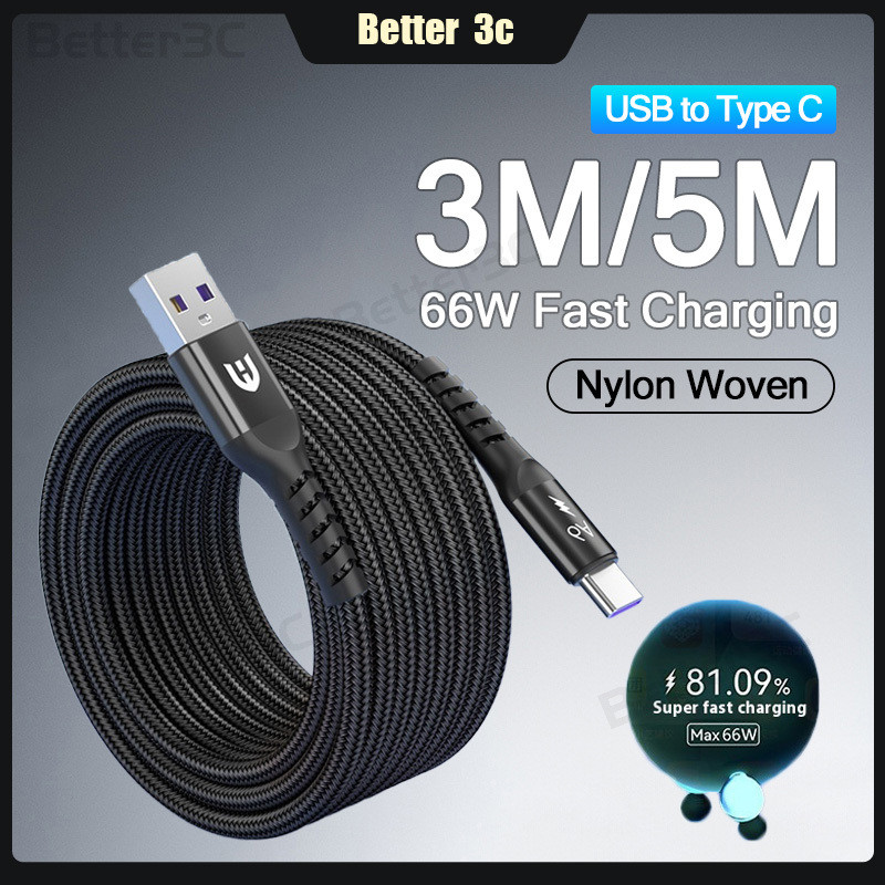 66W USB to Type C สายชาร์จเร็ว 2M/3M/5M สายชาร์จโทรศัพท์มือถือยาวพิเศษไนลอน Braid Anti-Bending Data Cable สําหรับ Android