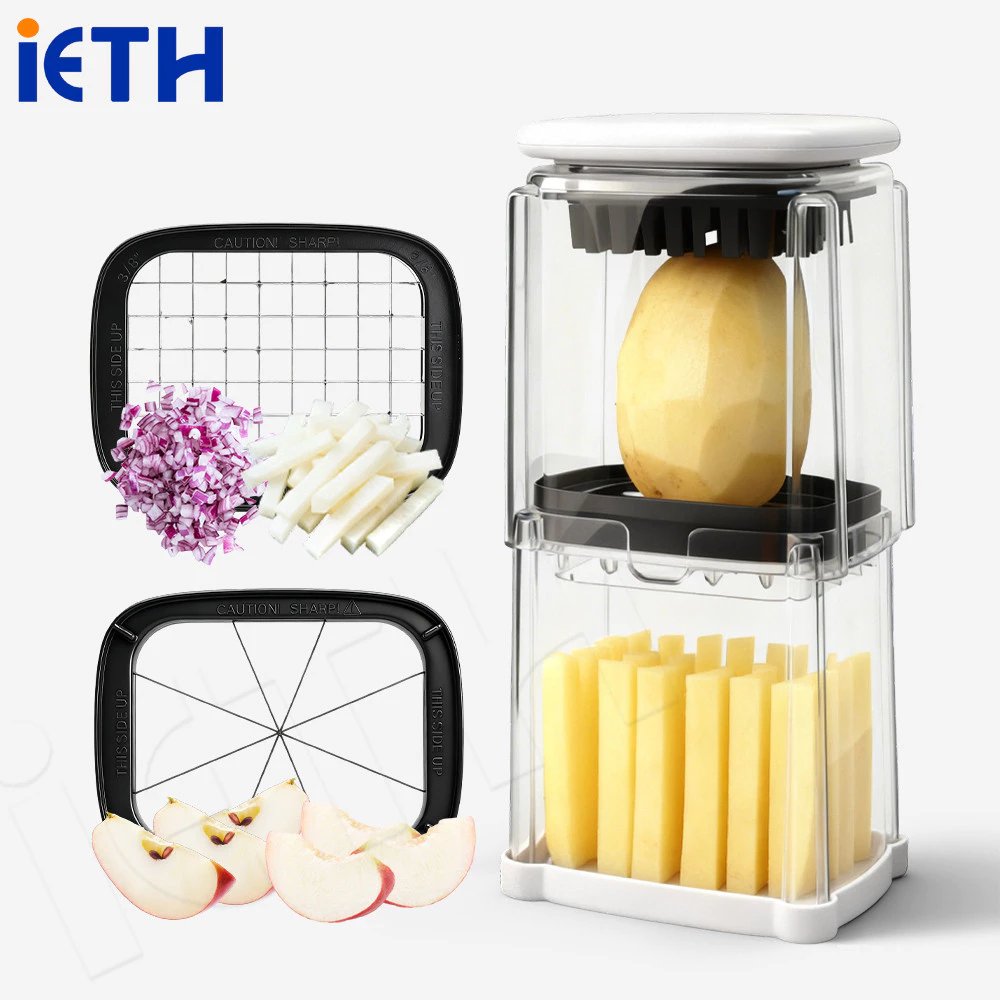 iETH ชุด 2 ใบมีดสับผักด้วยมือและลูกเต๋า, เครื่องตัดครัวมัลติฟังก์ชั่นพร้อมใบมีดสแตนเลส, เครื่องตัดอาหารแบบกดลงสําหรับมันฝรั่ง, มะเขือเทศ, หัวหอม