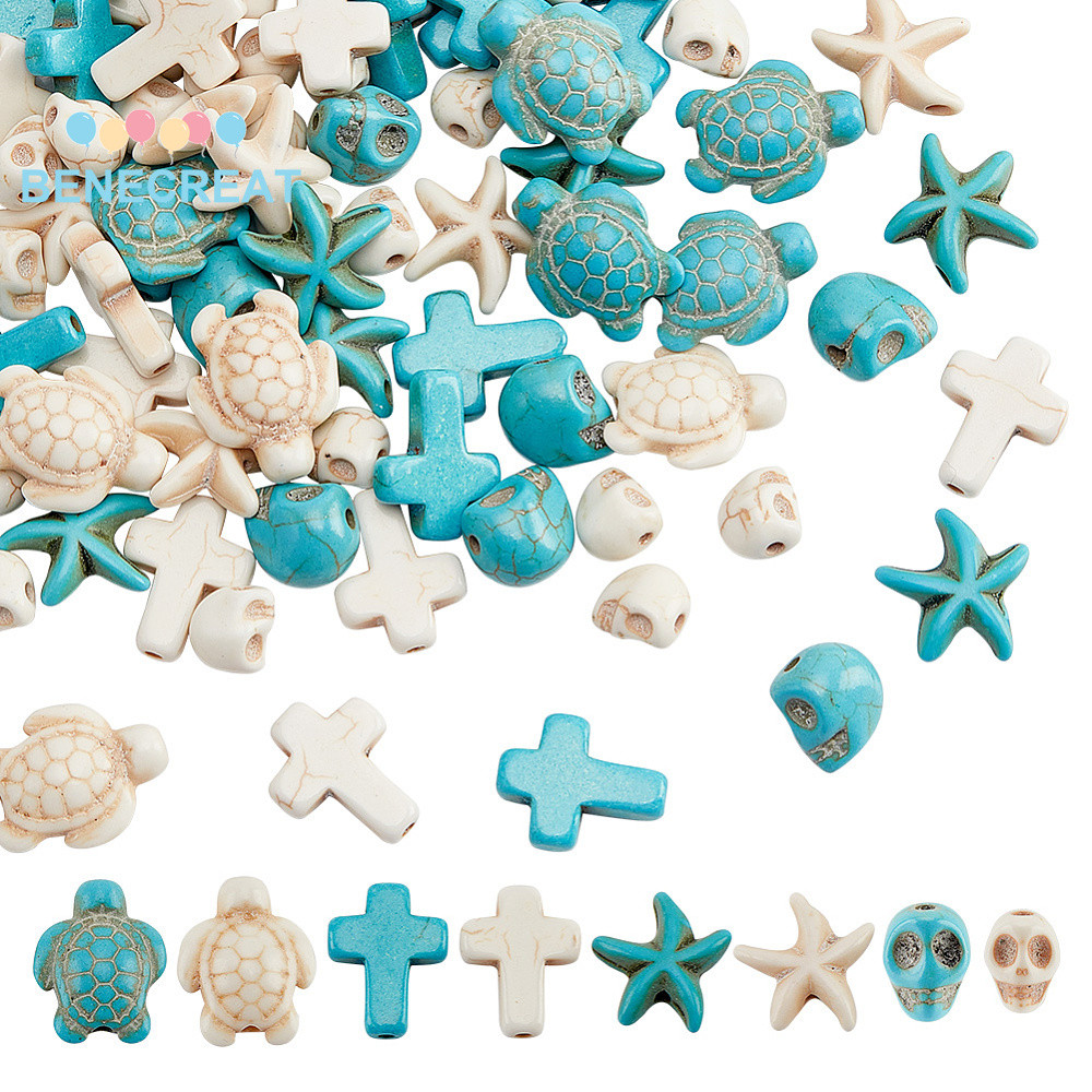 1 กล่อง 90 ชิ้น 8 สไตล์ลูกปัดย้อม Skull & Starfish & Sea Turtle & Cross Mixed Shapes ผสมสี 8 ~ 16x6 