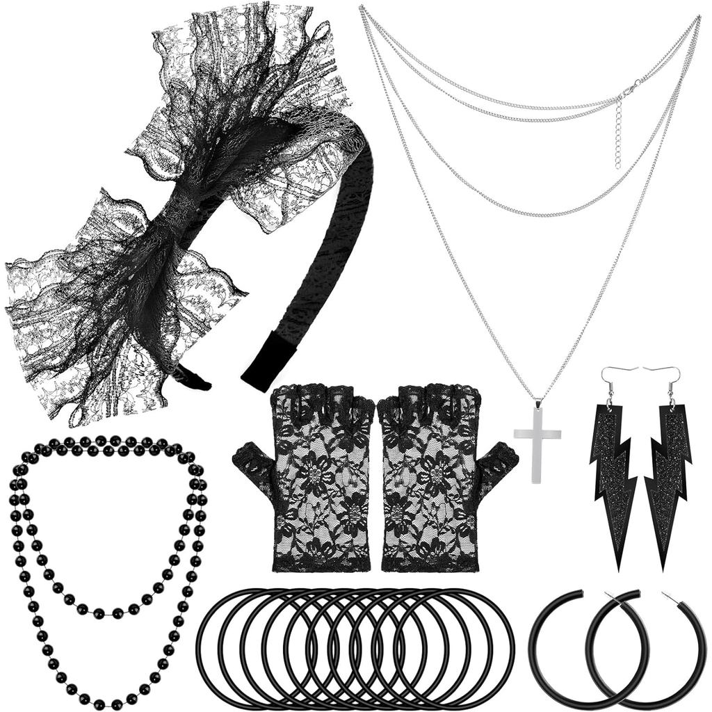 PACOO อุปกรณ์เสริม 80s เครื่องประดับยุค 80s สำหรับผู้หญิง ครบเซ็ต ต่างหู คาดผม ถุงมือ และสร้อยคอมาตร