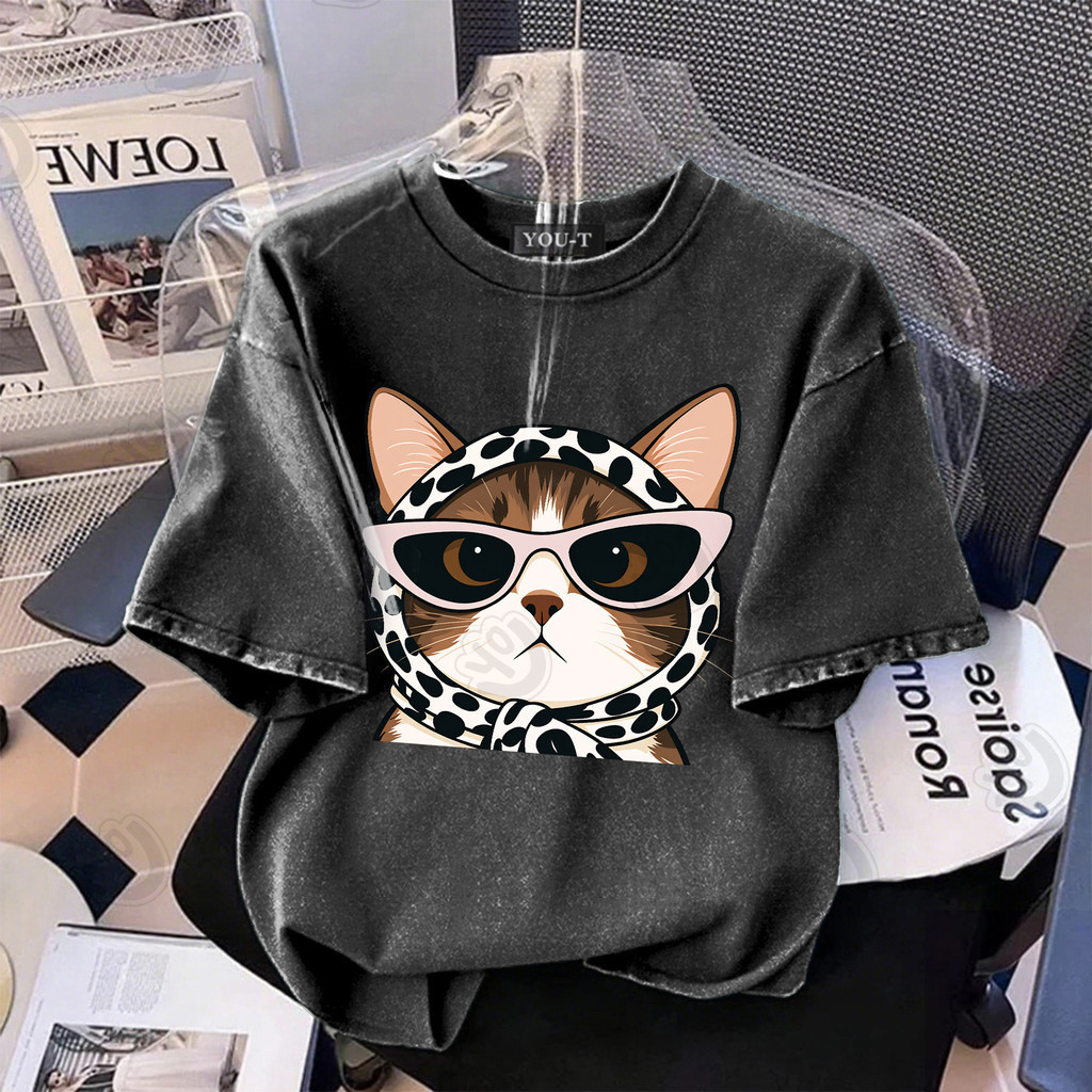 T42.SHOP🌸 เสื้อยืดคอกลม oversize cotton100% แขนสั้น พิมพ์ลาย 'Cool Cat' แฟชั่น แนวสตรีท clothing