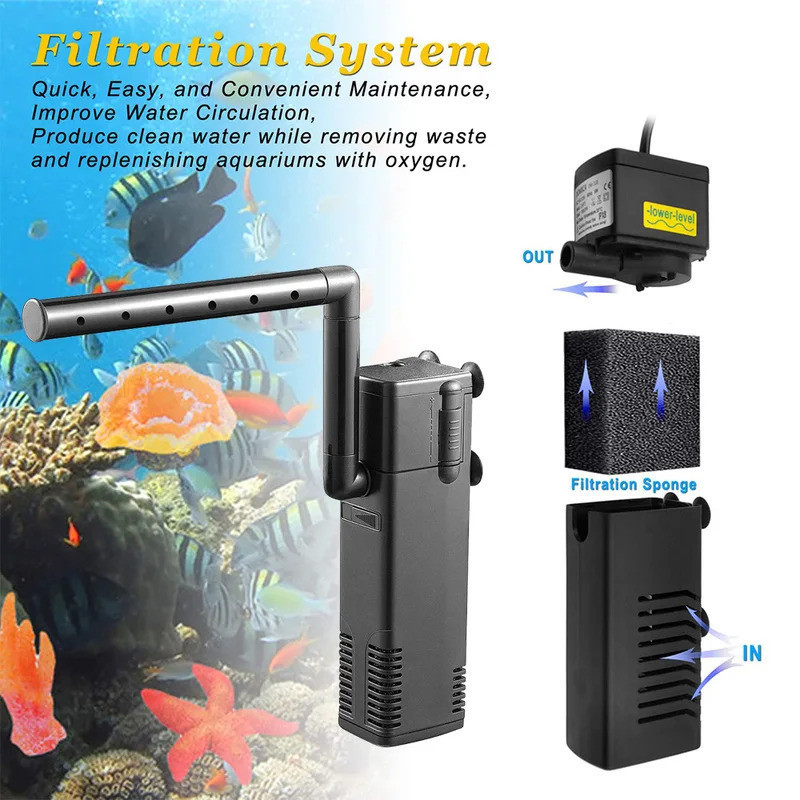 ระดับน้ําต่ํา Submersible Water Filter ปั๊มเต่า Aquarium กรองถังปลาแนวตั้งออกซิเจน Boost ปั๊ม EU Plu