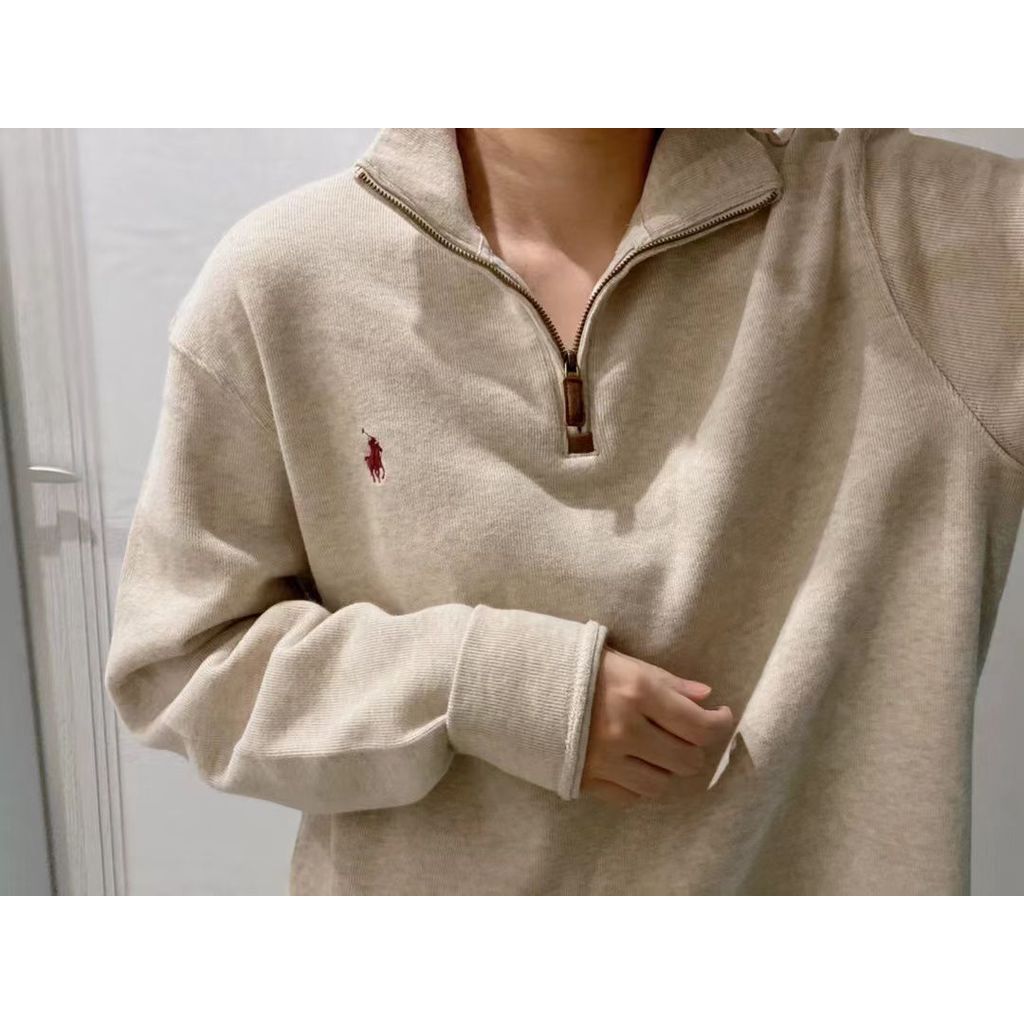 First Launch RL Classic American Retro Polo Zipper Lapel Top Jacket ผู้ชายผู้หญิงสไตล์เดียวกันคอสูงเ