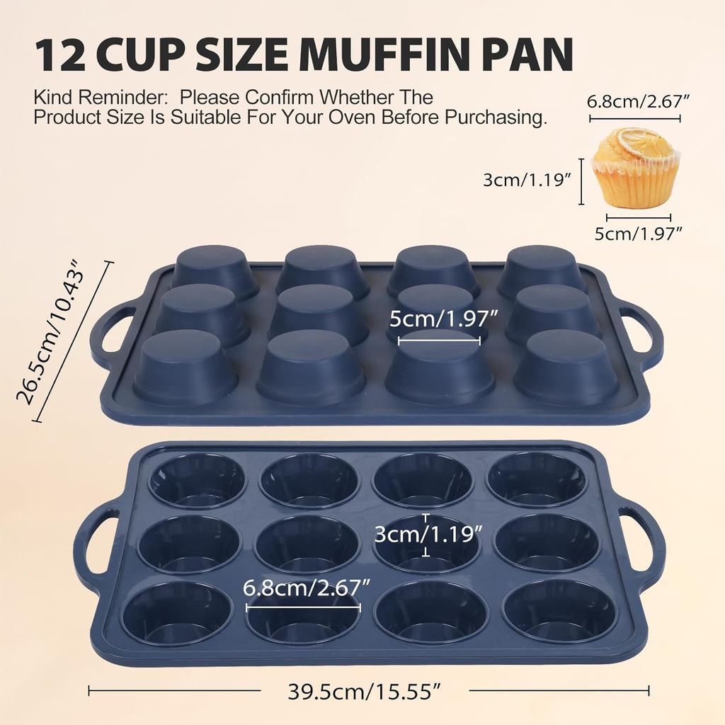 Silicone Muffin Pan with Metal Frame, Non Stick Silicone Cupcake Pan with Handles Regular 12 Cup, BP