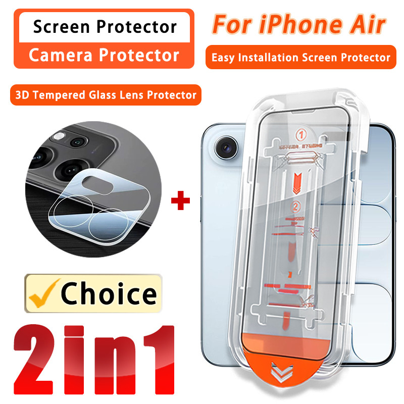 ฟิล์มกระจกนิรภัย 2 ใน 1 ฟิล์ม สำหรับ iPhone 17 Air 16 16e 11 12 13 14 15 Pro Max Plus Mini ฟิล์มเลนส