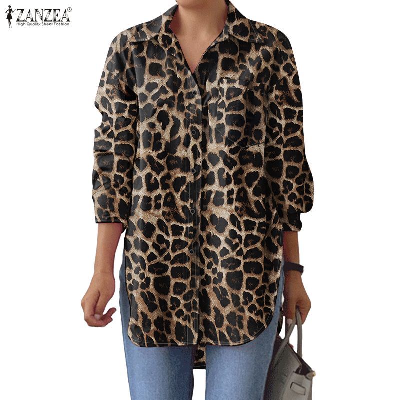 ZANZEA เสื้อเชิ้ตแขนยาวพิมพ์ลายเสือดาวสำหรับสตรี เหมาะสำหรับการแต่งตัวในวันธรรมดา