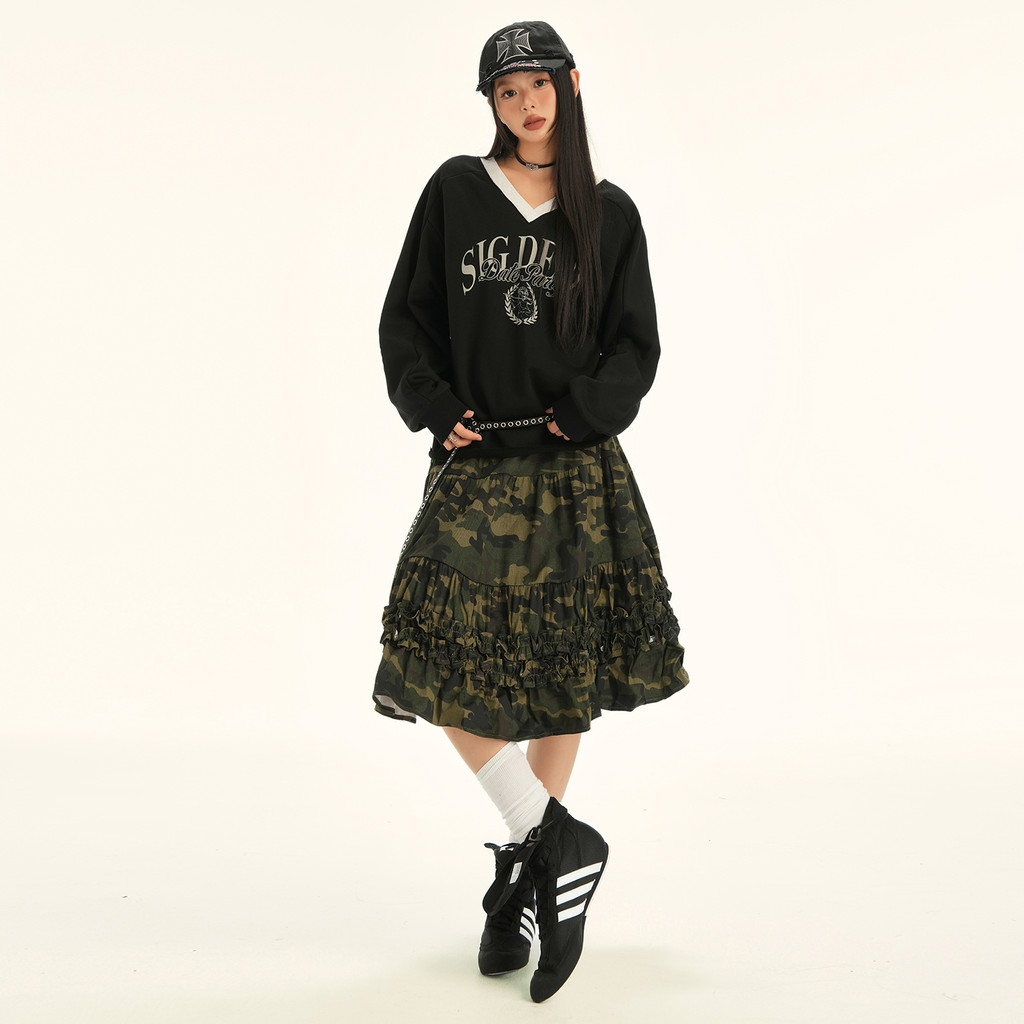25 ootd! | ฤดูใบไม้ร่วงฤดูหนาว Street Retro Camouflage รูปแบบจีบลูกไม้ Casual All-Match Slimmer ดูกระโปรง