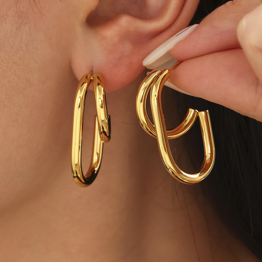 Minimalist สไตล์ C-Shaped Geometric Line ต่างหูชุบ 18k ทองแท้ยุโรป American Niche ins ต่างหูแฟชั่นสแตนเลส