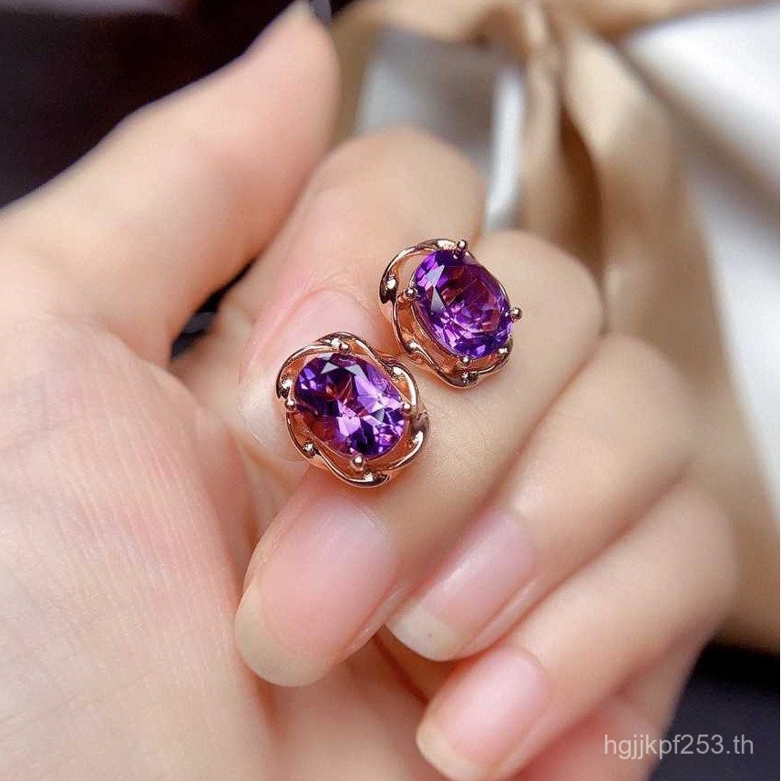 ต่างหูโรส 18K แพทเท็ด คริสตัลอะเมธยสต์ แสงสว่าง สไตล์หรูกาย อัญมณีสำหรับผู้หญิง VFLY