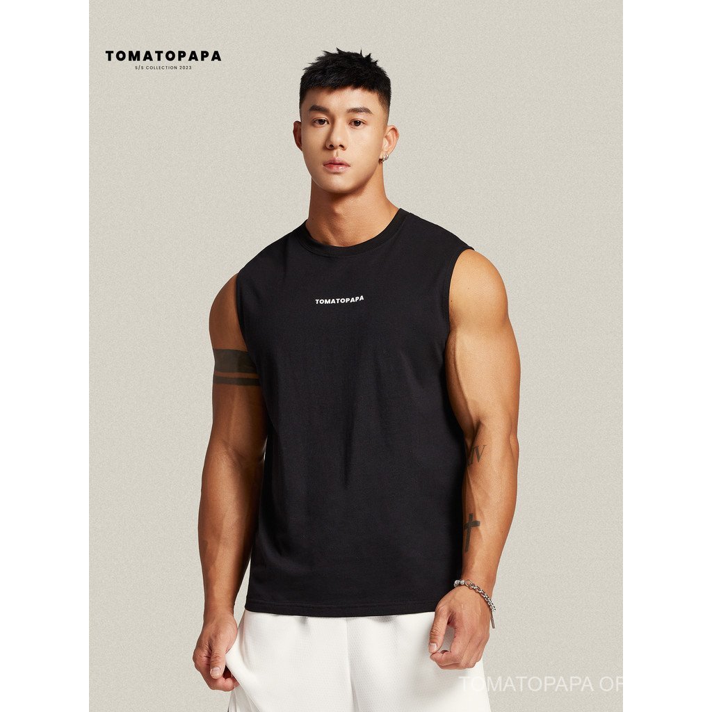 TOMATOPAPA Mens Simple Sports Vest-รอบคอเสื้อกั๊กแฟชั่นพิมพ์ตัวอักษร Basic All-Match แขนกุดฟิตเนสเสื้อกั๊กเสื้อกั๊ก