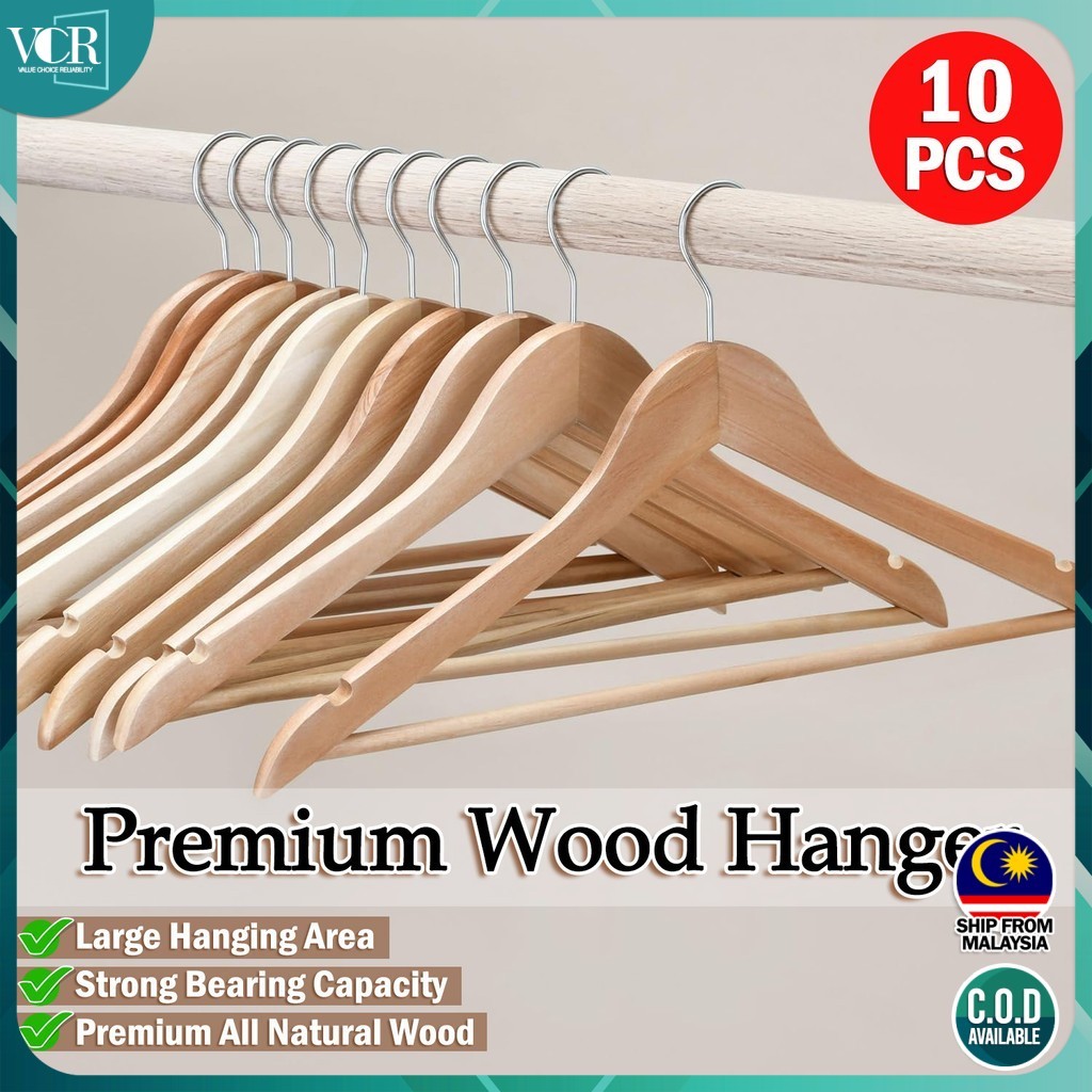 VC Art ไม้แขวนสูทไม้ระดับพรีเมียม - ทนทาน หยัก ตะขอหมุนได้ 360 (10 ชิ้น) Penyangkut Baju