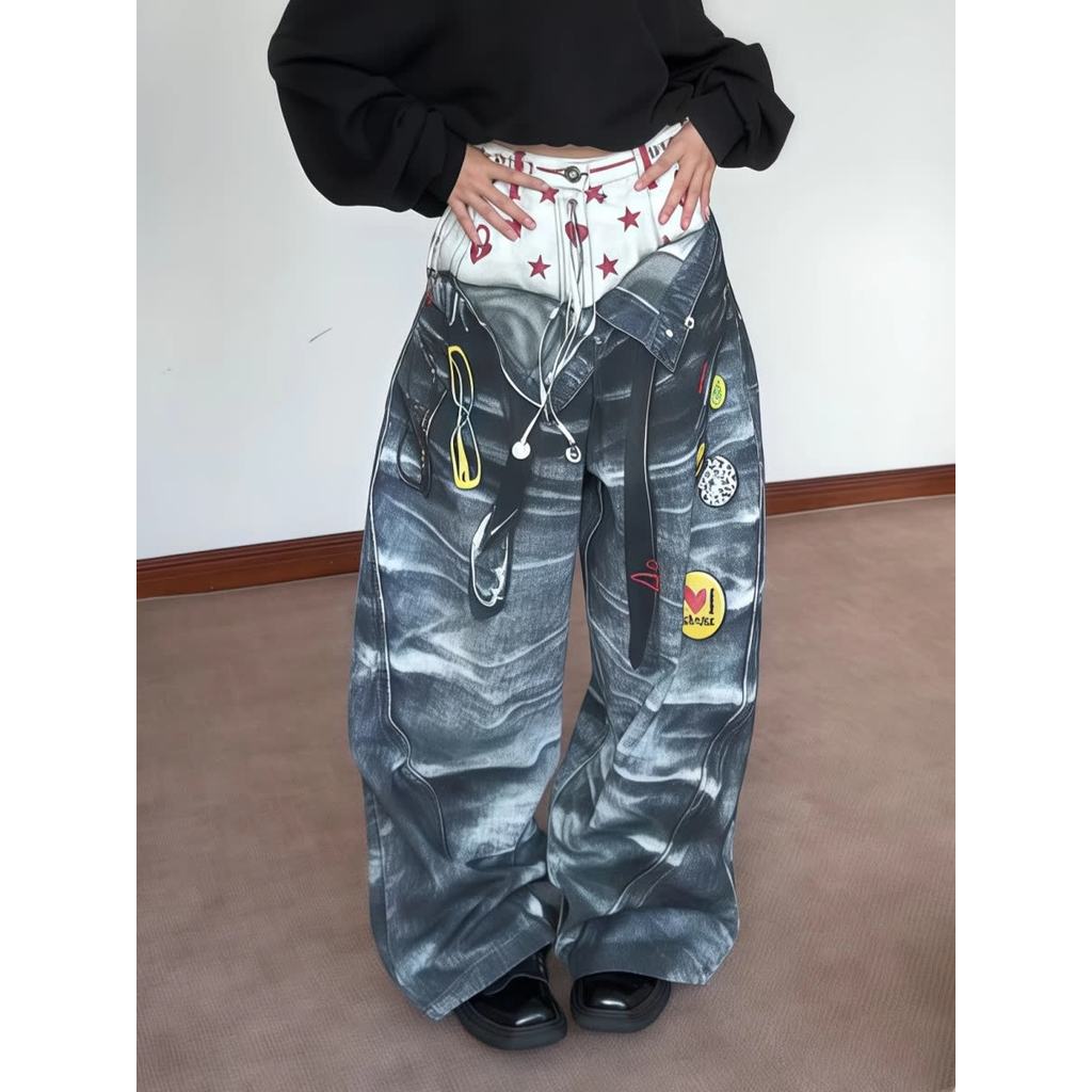 กางเกงยีนส์ผู้ชาย พิมพ์ลายกราฟฟิตี้ สไตล์สตรีท อเมริกัน สำหรับทุกคน - รูปที่ 6