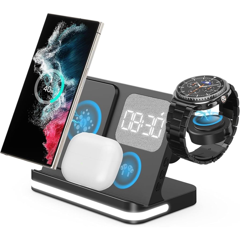 เครื่องชาร์จไร้สาย 4 in 1 พร้อมนาฬิกาปลุกสําหรับ Galaxy Watch 8/7/Ultra/FE/6 Pro Galaxy S25/Ultra/S2